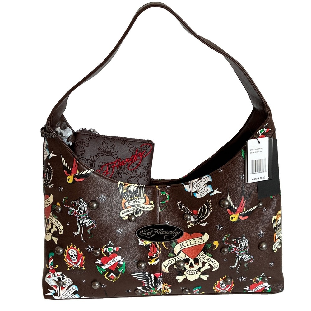 ED HARDY~Brown Tattoo Skull Studded Hobo Shoulder Bag Zip. Matching Pouch~NWT